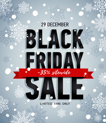 Black friday sale banner with red ribbon.Winter snowy poster.Online shopping. Trendy sale banner. Discount 35 sitewide