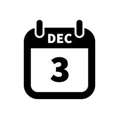 Simple black calendar icon with 3 december date isolated on white