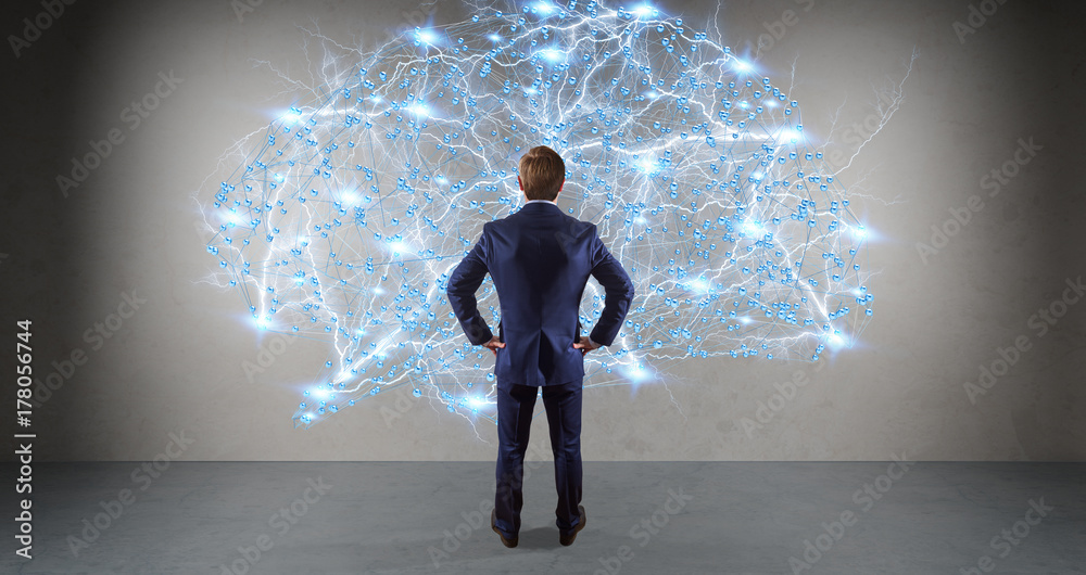 Poster Businessman using digital brain interface on a wall 3D rendering