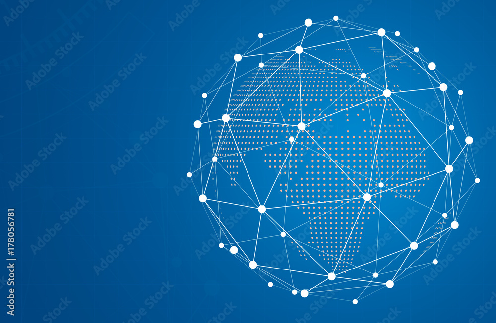 Poster Geometric graphic background molecule and communication. Concept of technology. Connection lines with dots. World map point. representing the global network connection. social media.