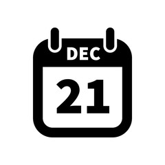 Simple black calendar icon with 21 december date isolated on white