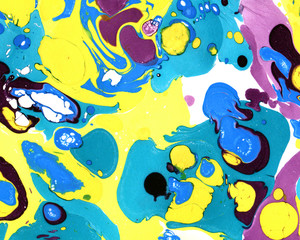 Abstract marbling ebru colorful background with yellow, purple, green blots and splashes, handmade illustration. Beautiful brightly colored handmade background with marbling, ebru effect