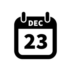 Simple black calendar icon with 23 december date isolated on white