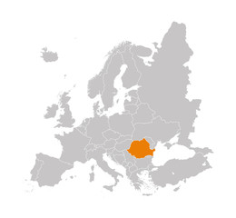 Territory of Romania on Europe map on a white background