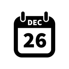 Simple black calendar icon with 26 december date isolated on white