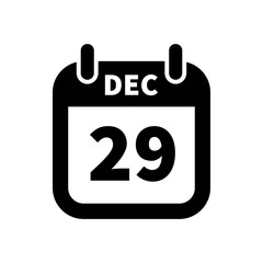 Simple black calendar icon with 29 december date isolated on white