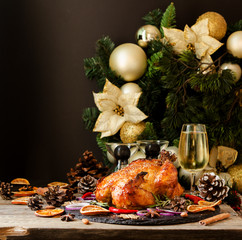 Fototapeta premium Baked turkey for Christmas or New Year space for text