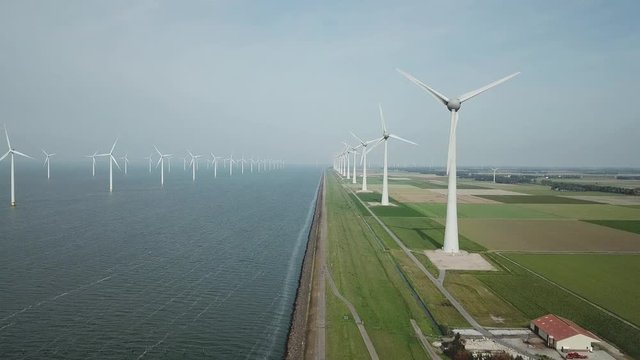Aerial of offshore Windmill farm at sea westermeerwind by urk Netherlands 