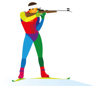 Young Athlete Biathlon Shoots At The Shooting Range During The Race