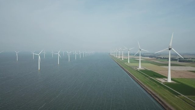 Aerial of offshore Windmill farm at sea westermeerwind by urk Netherlands 