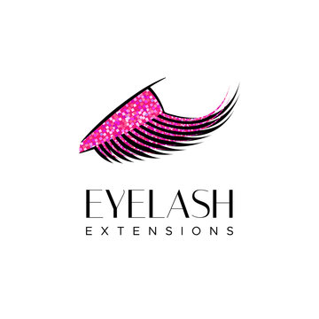 Eyelash extension logo. Makeup with pink glitter. Vector illustration in a modern style