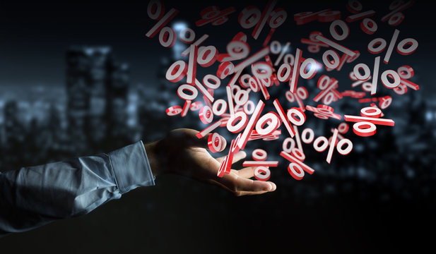 Businessman using white and red sales flying icons 3D rendering