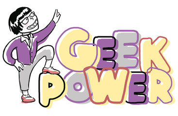 Funny boy with geek power lettering