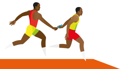 Fototapeta na wymiar two strong African-American sprinters running relay race
