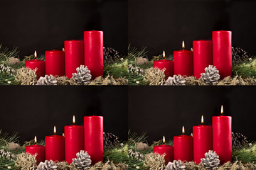 red advent candles with green pir and pinecone