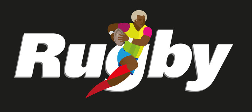 Rugby's font-logo in combination with a rugby player with a ball on a black background