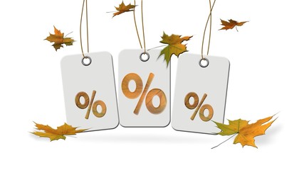 Autumn sale - hanging signs with percent and autumn leaves - 3d rendering