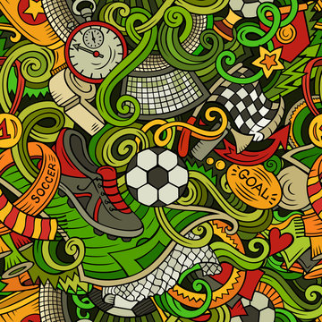 Cartoon cute doodles hand drawn Soccer seamless pattern