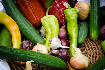group of colorful vegetables in wooden basket for food festival