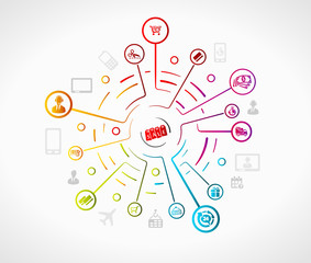 E-commerce concept illustration with colorful icons over grid 