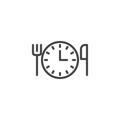 Clock with fork and knife line icon, outline vector sign, linear style pictogram isolated on white. Time for lunch symbol, logo illustration. Editable stroke
