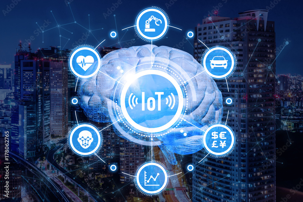 Poster AI(Artificial Intelligence) and Internet of Things. Conceptual mixed media.
