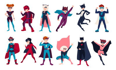 Bundle of kids superheroes. Bundle of boys and girls with super powers. Set of children cartoon or comic characters wearing tight-fitting costumes and capes. Colorful flat vector illustration.