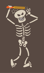 Mischievous skeleton rasping its own skull and acting as if it was getting its hair styled. It is laughing mischievously and walking while having lots of fun