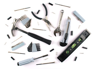 Set of various tools on white background.