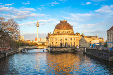 Museum Island at sunset with Television Tower in Berlin city, Germany