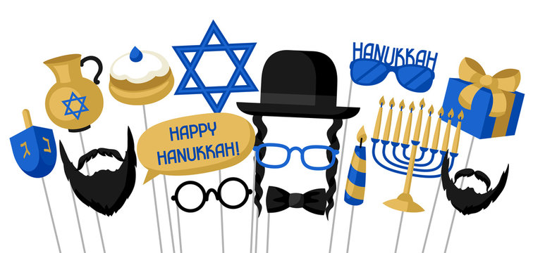 Happy Hanukkah photo booth props. Accessories for festival and party