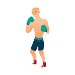 Fototapeta premium vector cartoon stylized brutal thin, ordinary man bare torso and chest in boxing stand with green box gloves ready to fight in blue shorts. Isolated illustration on a white background.