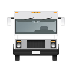 White food truck vector mock up template. Front view of realistic modern delivery service vehicle isolated on white background. Can be used for branding, logo placement, advertising