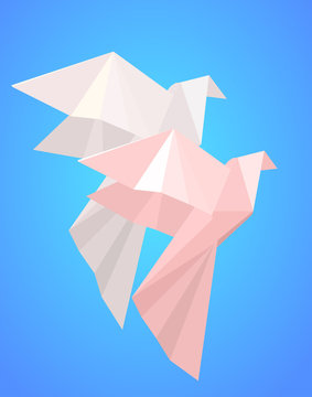 Pair of paper origami doves  with.  Symbol of love. Objects separate from the background. Vector element for your creativity