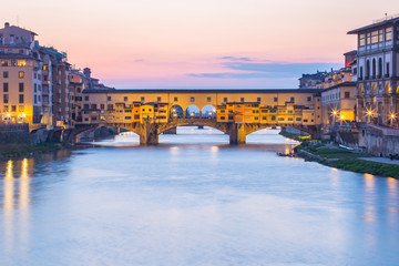 Florence city skyline at twilight with Ponte Vecchio in Tuscany, Italy