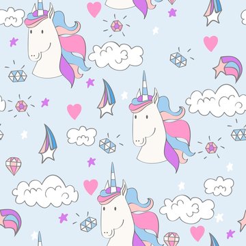 Magic cute unicorn with magic elements. Vector seamless pattern