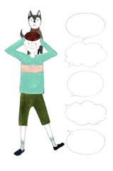 男の子の背中に乗るイヌ