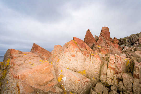 Rosa granit klippblock på Hovs Hallar kust i Sverige Skåne