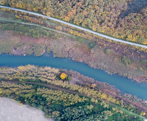 Top view of river and nature in autumn