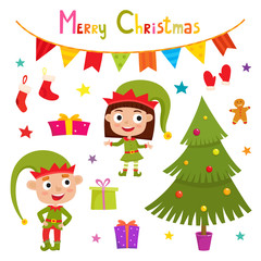 Set of cute little Christmas elf, vector illustration isolated on white