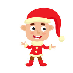 Cute little Christmas boy elf smiling, vector illustration isolated on white used for magazine or book, poster and card, web pages