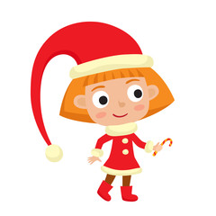 Cute little Christmas girl elf smiling, vector illustration isolated on white used for magazine or book, poster and card, web pages