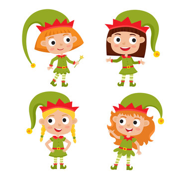 Set of cute little Christmas girls elf smiling,