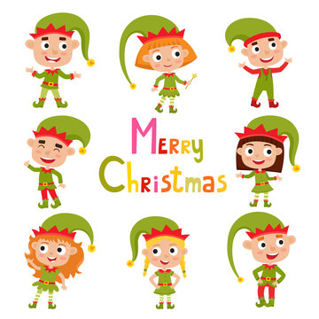 Set of cute little Christmas girls and boys elf smiling