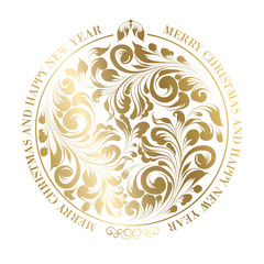 Happy new year card with a golden toy from various flower swirls isolated over white background. Vector illustration.