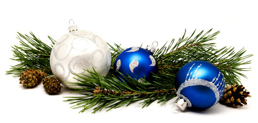 Christmas decoration blue and silver balls with fir cones