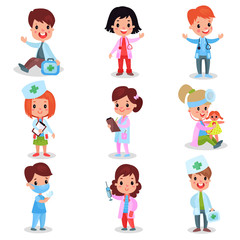 Cute little kids playing doctor set, boys and girls in professional clothing examining and treating their patients vector illustrations