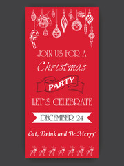 Vector illustration sketch christmas party invitation with toys. Holiday background and design banner or poster. Template with hand-drawn Decorations graphic. Happy New Year Card
