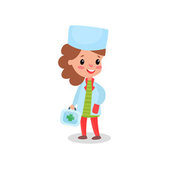 Smiling girl doctor in professional clothing with first aid kit, child playing doctor vector illustration