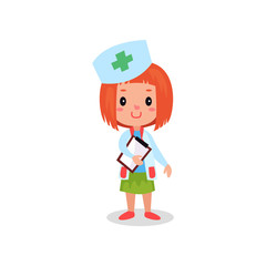 Sweet redhead girl doctor in professional clothing with clipboard, kid playing doctor vector illustration